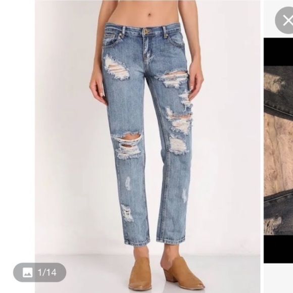 One Teaspoon Awesome Baggies Medium Wash Super Distressed Ripped Straight Jeans - Picture 2 of 14